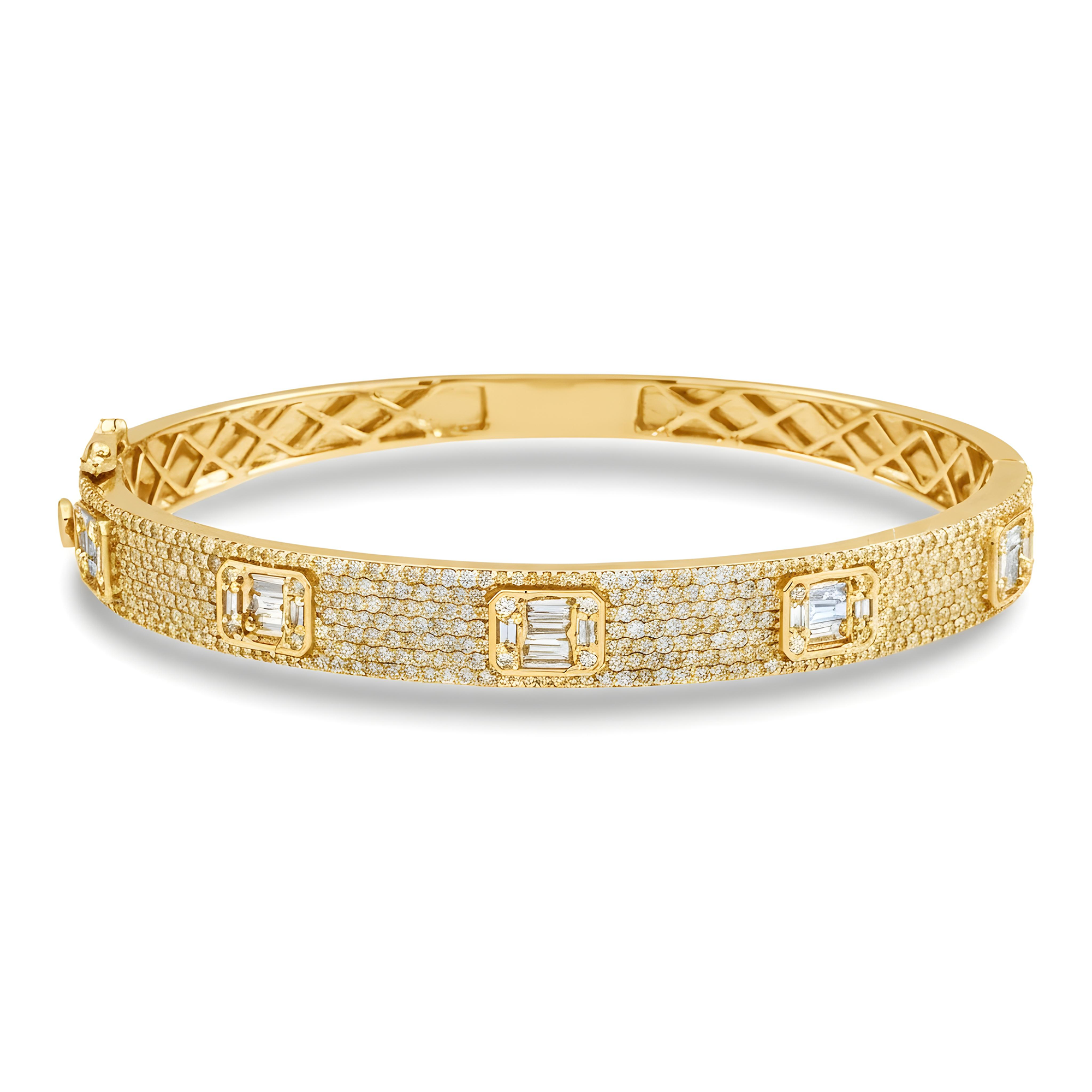 14K White Gold Baguette & Round Diamond Bangle Bracelet 3.30ct