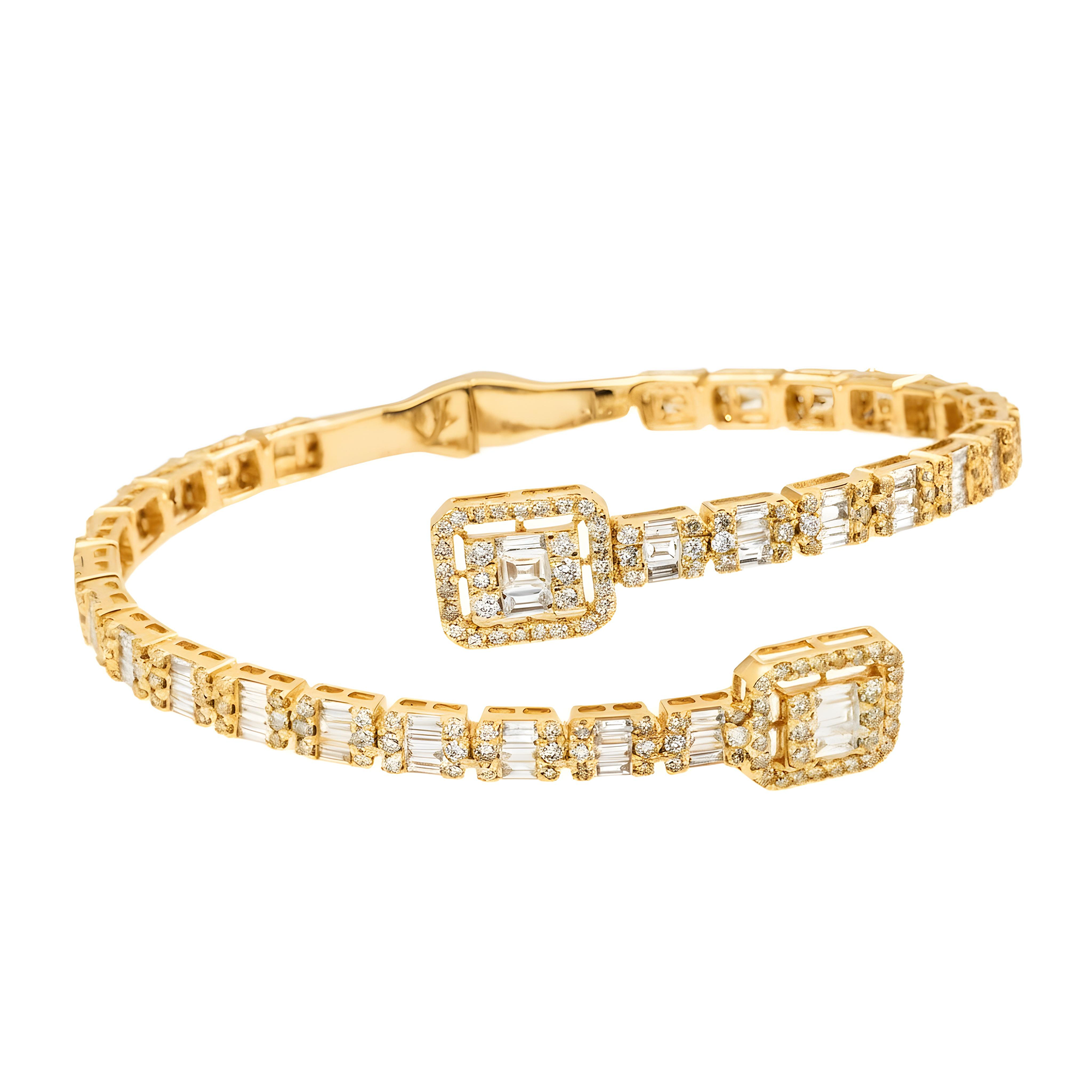 14K White Gold Baguette & Round Diamond Bangle Bracelet 6.40ct