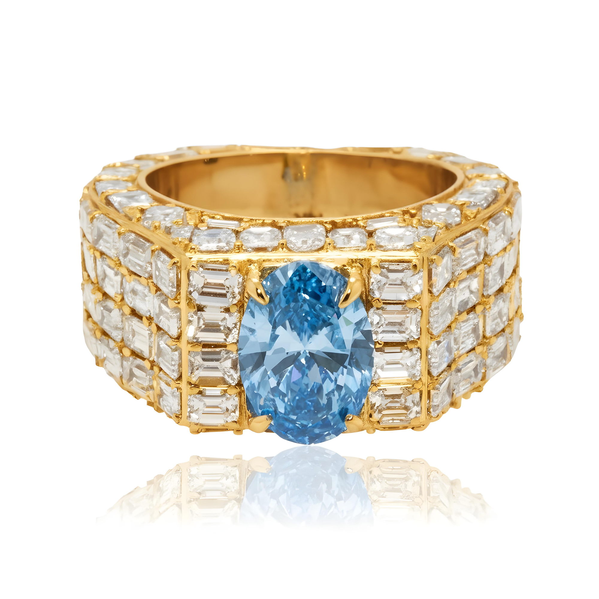 14K Whie Gold Emerald & Oval Cut Fancy Vivid Blue Diamond Ring 16.33ctw