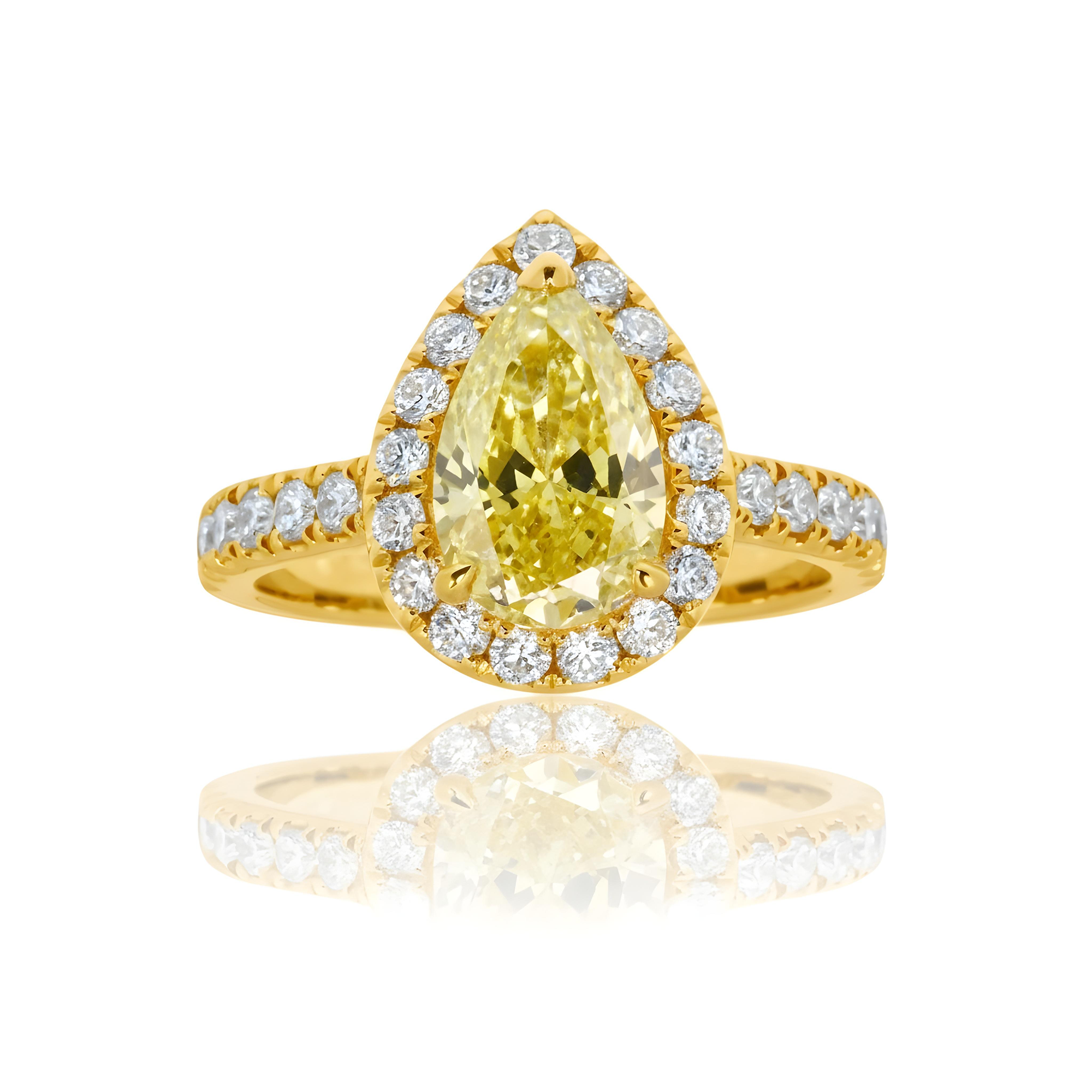 18K White Gold 2.08ct Pear Cut Fancy Vivid Yellow Diamond Ring 2.83ctw