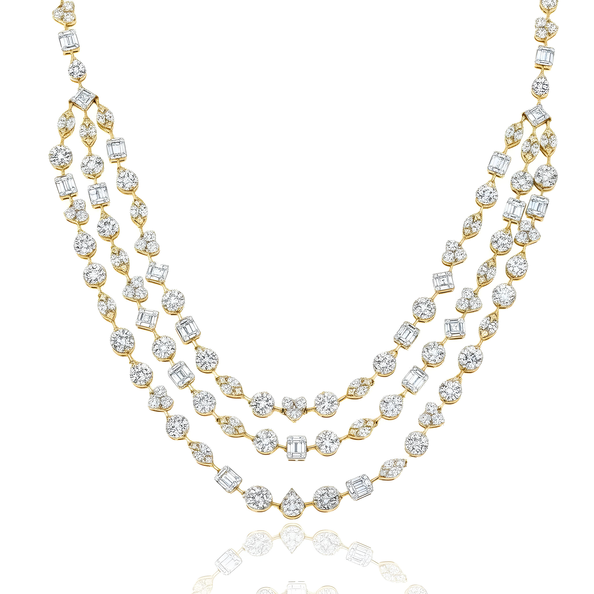 14K White Gold Combination Cut Diamond Triple Row Necklace 29.62ct