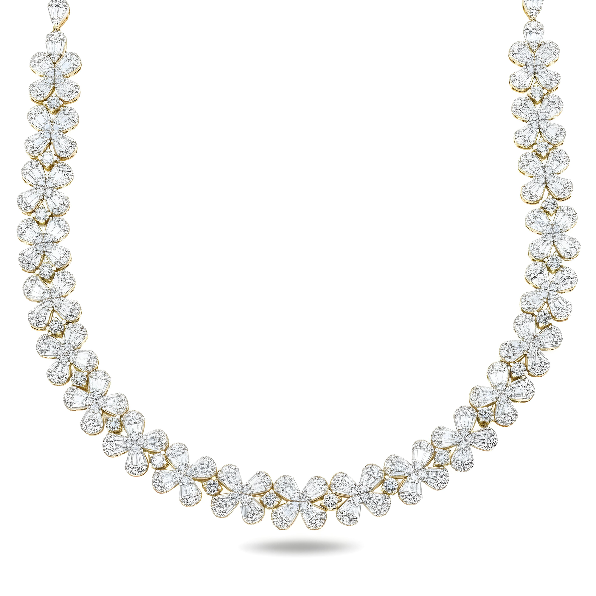 14K White Gold Baguette & Round Cut Flower Diamond Chain 18.98ct