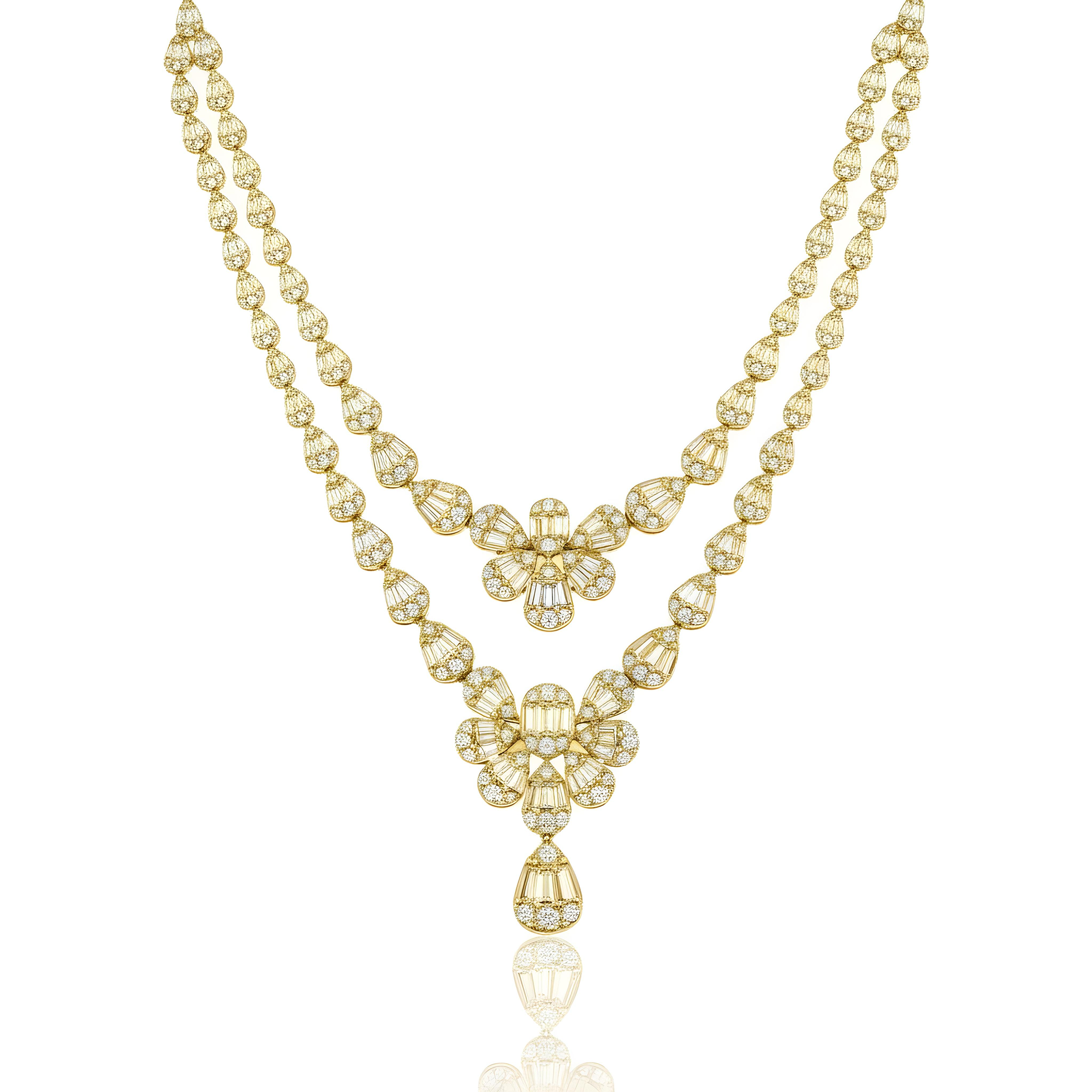 14K White Gold Double Row Diamond Drop Necklace 24.56ct