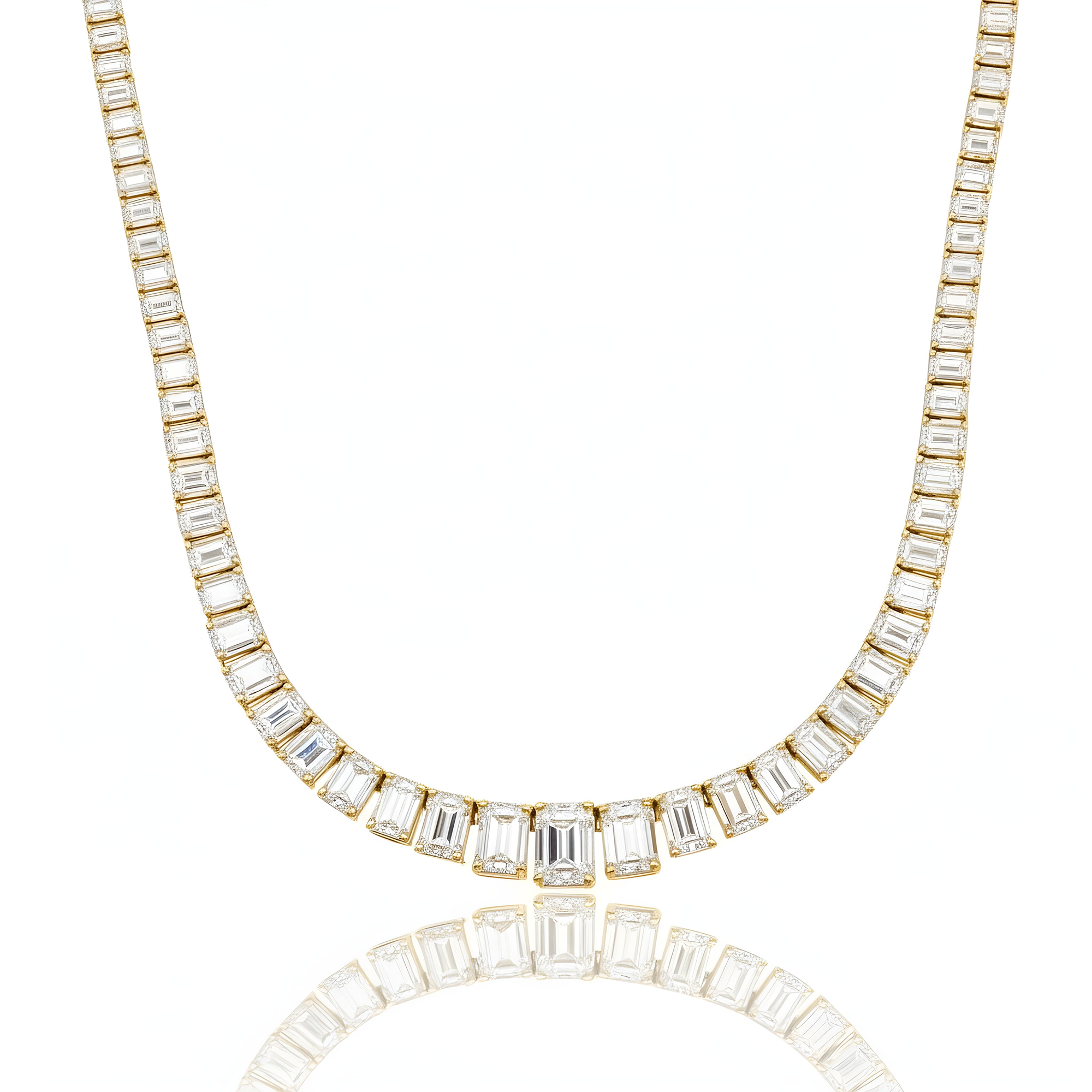 14K White Gold Graduated Emerald Cut Diamond Chain 58.64ct
