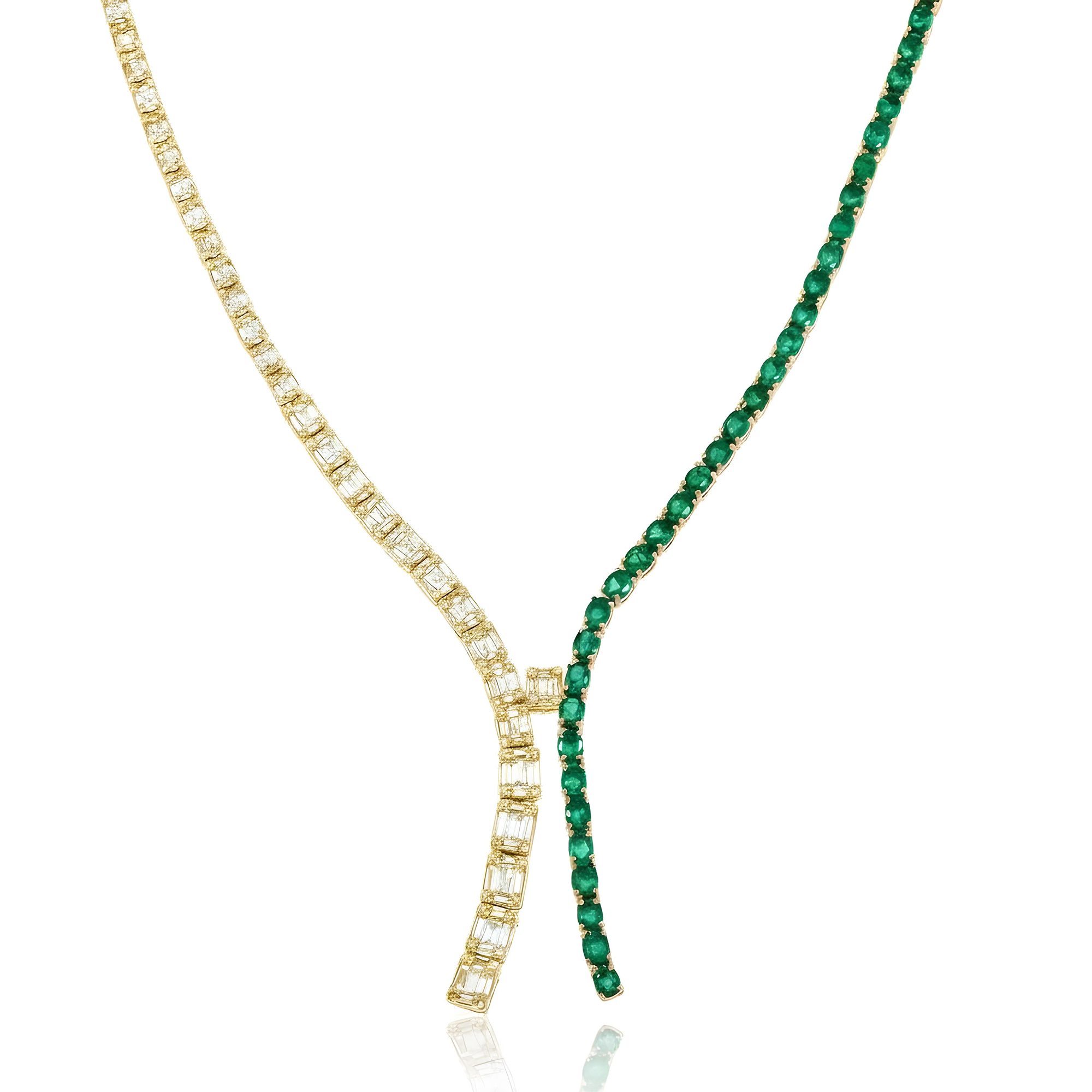 14K White Gold Oval Cut Emerald & Diamond Drop Necklace
