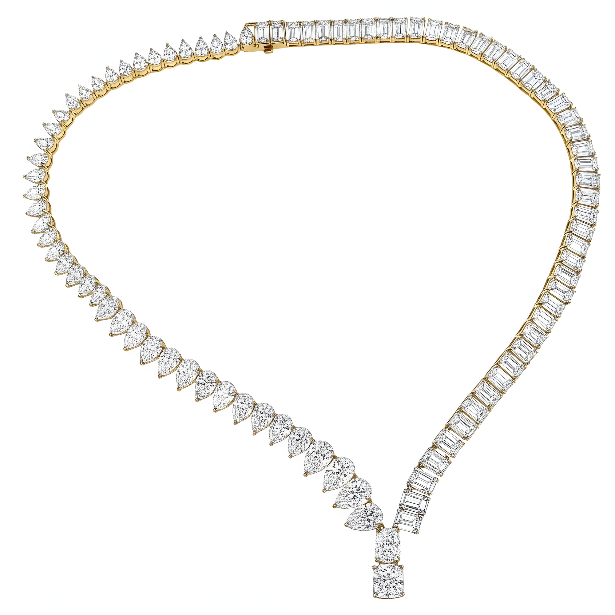 18K White Gold Pear & Emerald Cut Diamond Drop Necklace 62.37ct