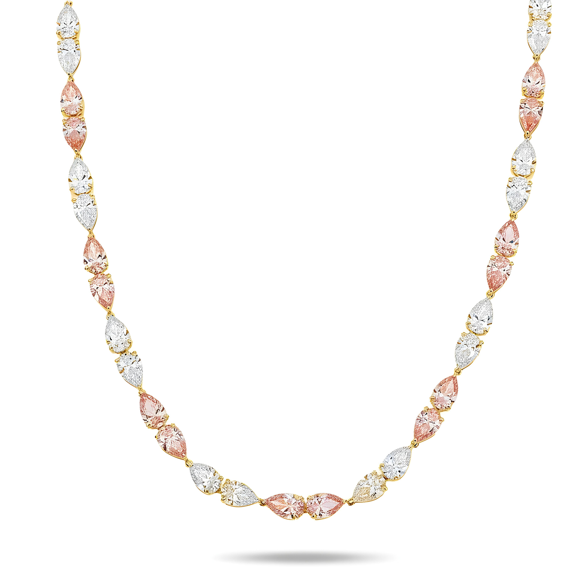 18K White Gold Pear Cut White & Fancy Pink Diamond Necklace 36.46ct