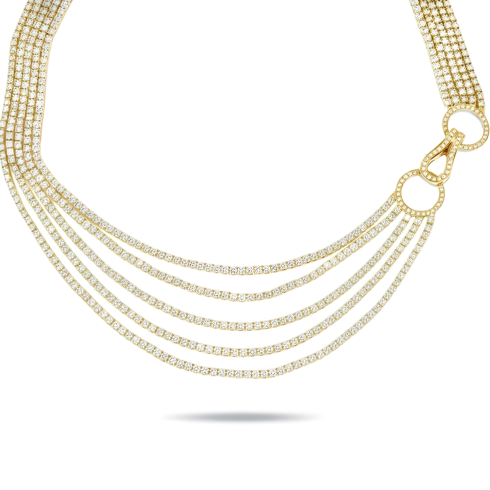 18K White Gold Five Layer Round Diamond Necklace W/ Unique Clasp 35.49ct