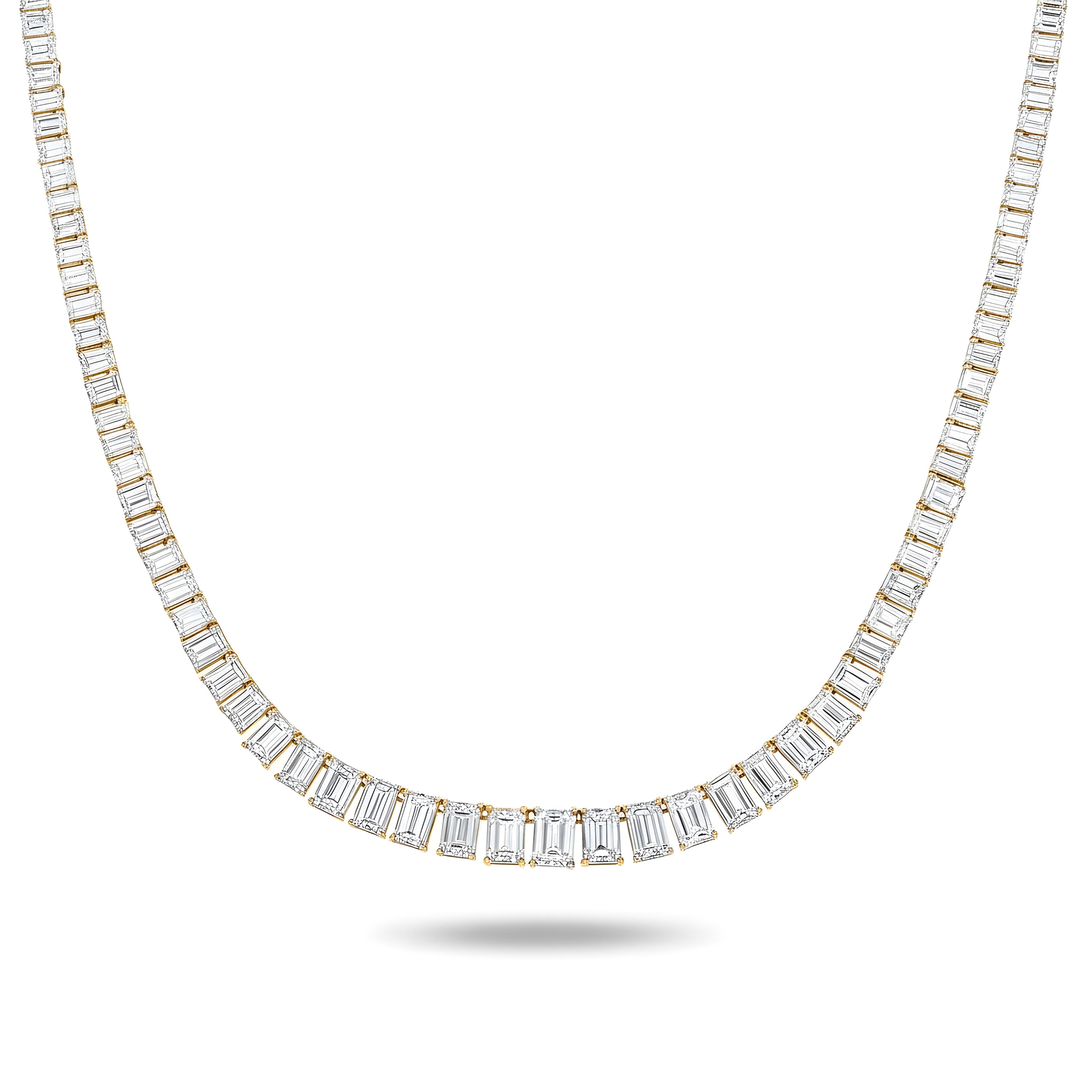 14K White Gold Graduated Emerald Cut Diamond Necklace 31.11ct