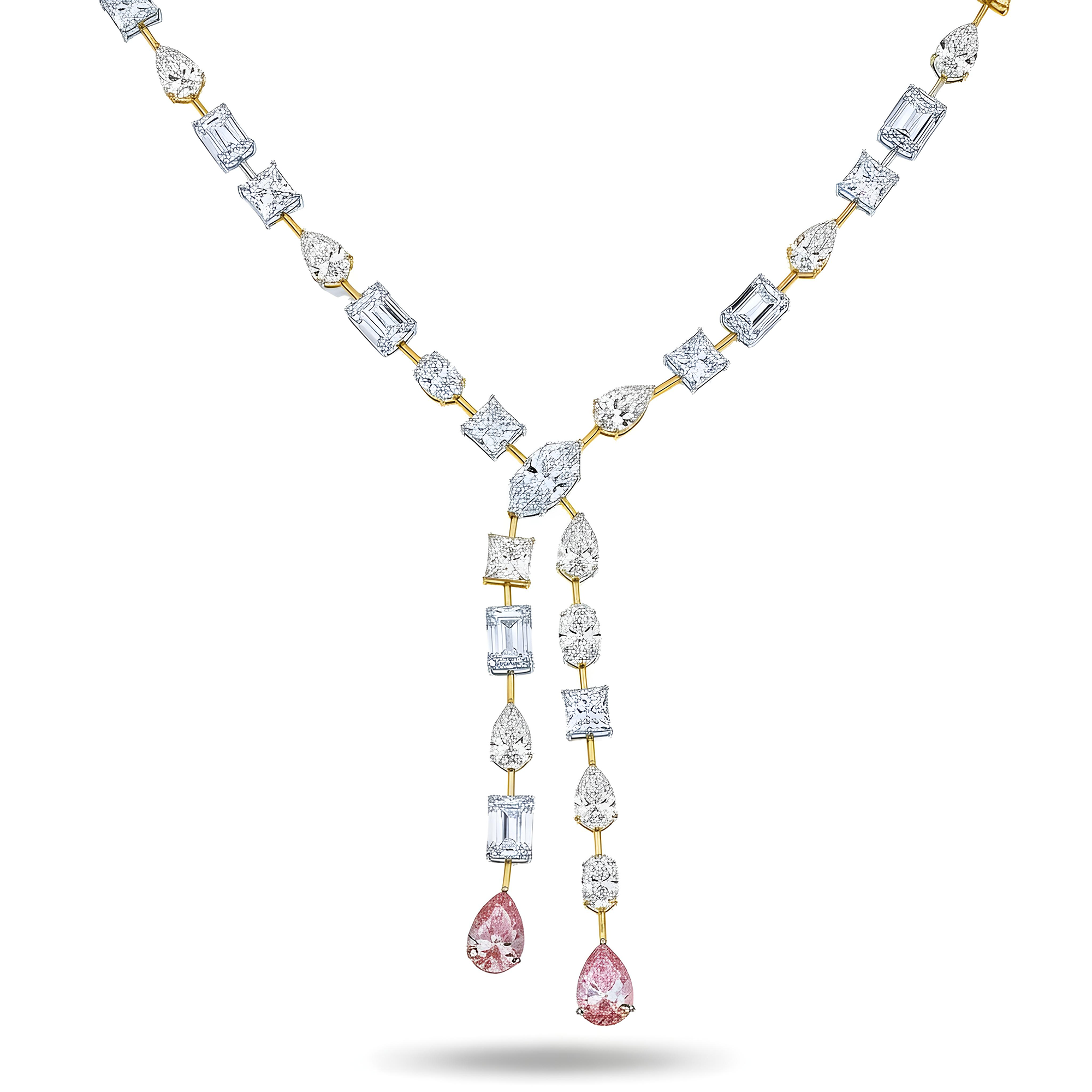 18K White Gold Multi Cut White & Fancy Vivid Pink Diamond Double Drop Necklace