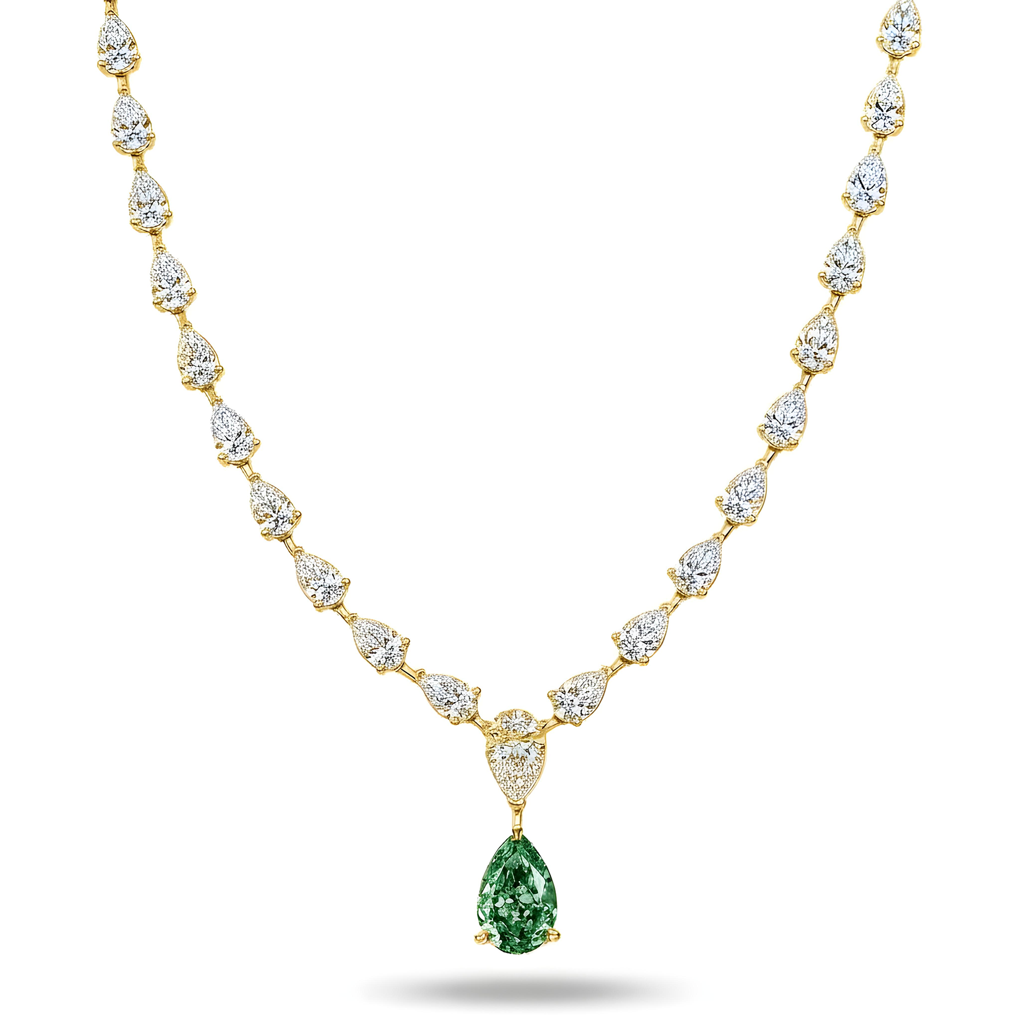 IGI Platinum Pear Cut Fancy Vivid Blueish Green Diamond Drop Necklace 49.43ctw