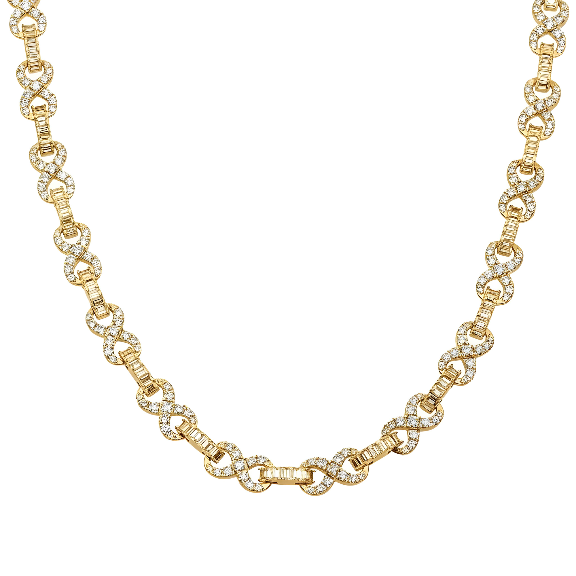 14K White Gold Round & Emerald Cut Diamond Infinity Link Necklace 29.30ct