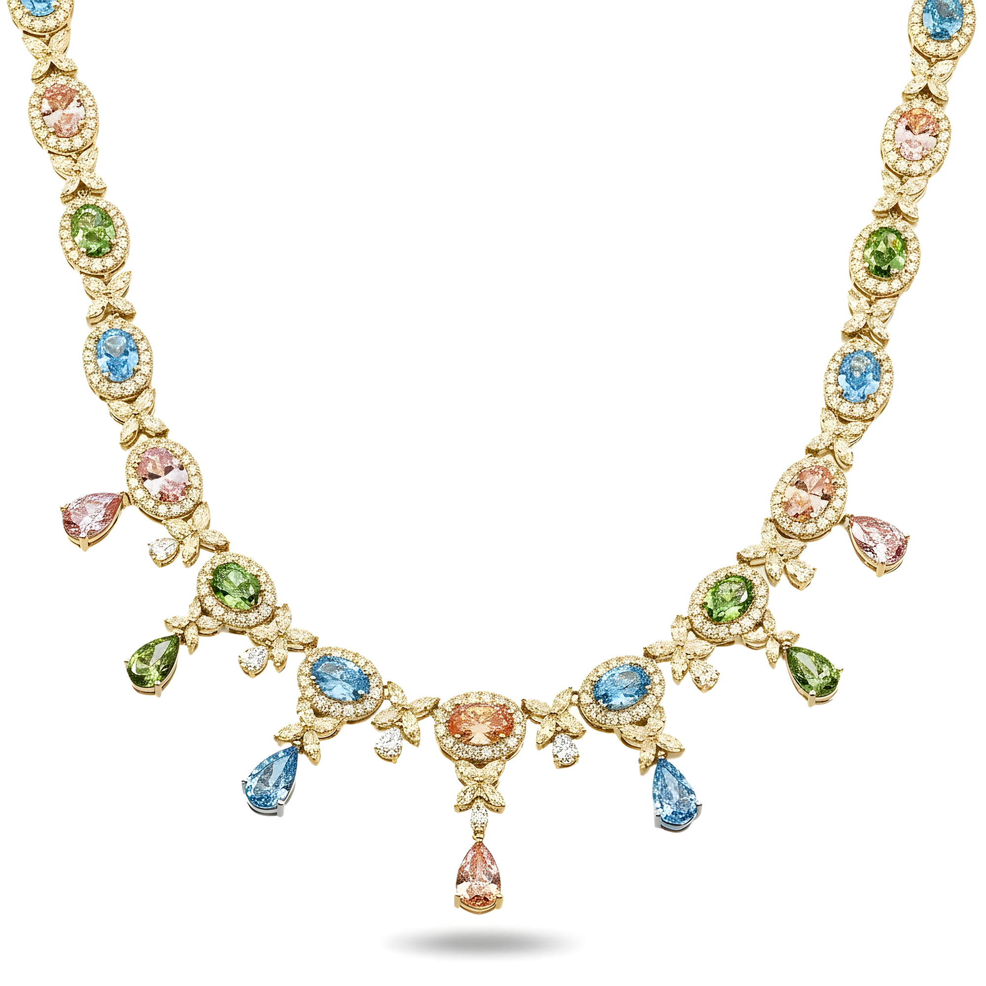 18K White Gold Multi Cut Fancy Color Diamond Drop Necklace 45.23ct