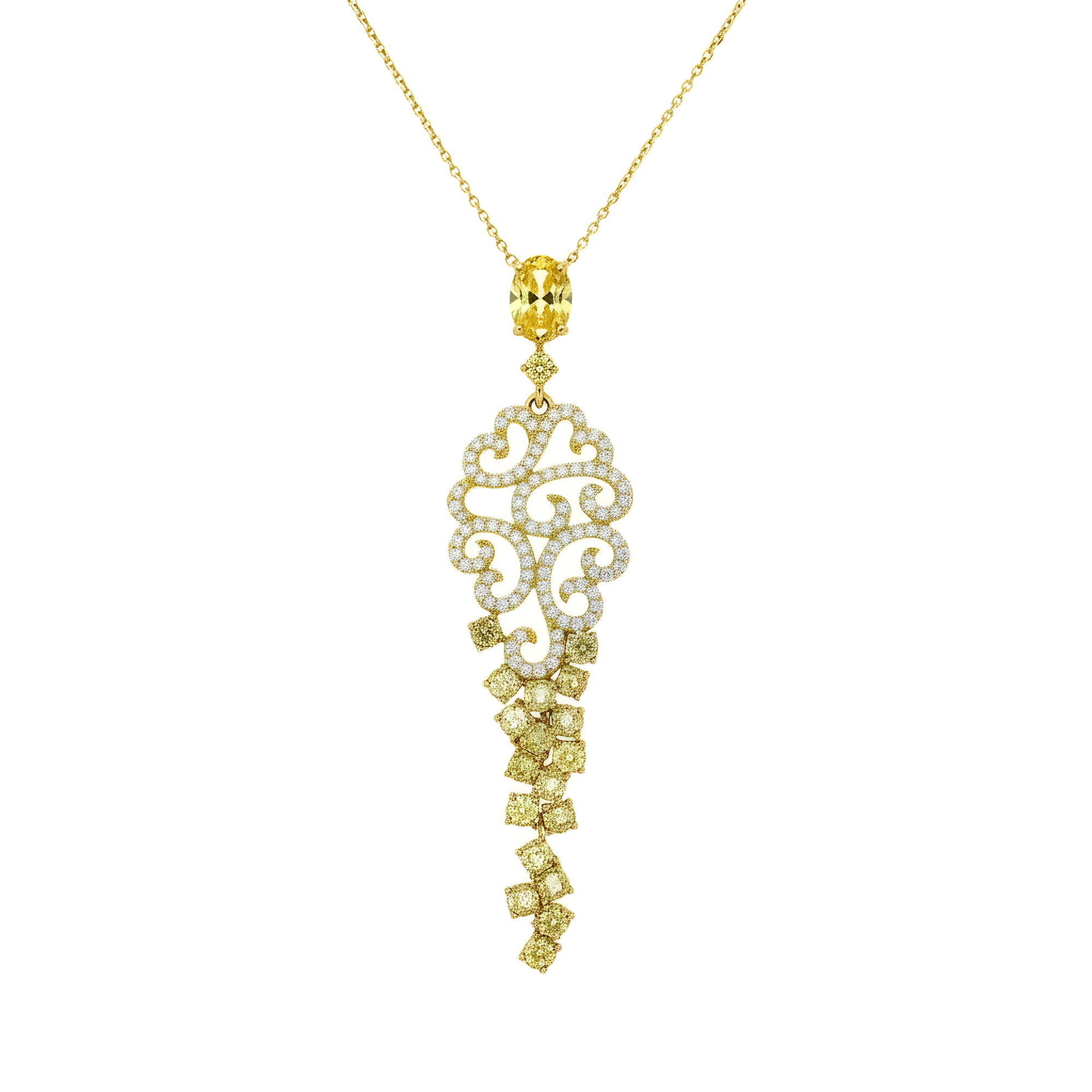 14K Two Tone Round Cut White & Fancy Yellow Diamond Pendant Necklace 2.78ct