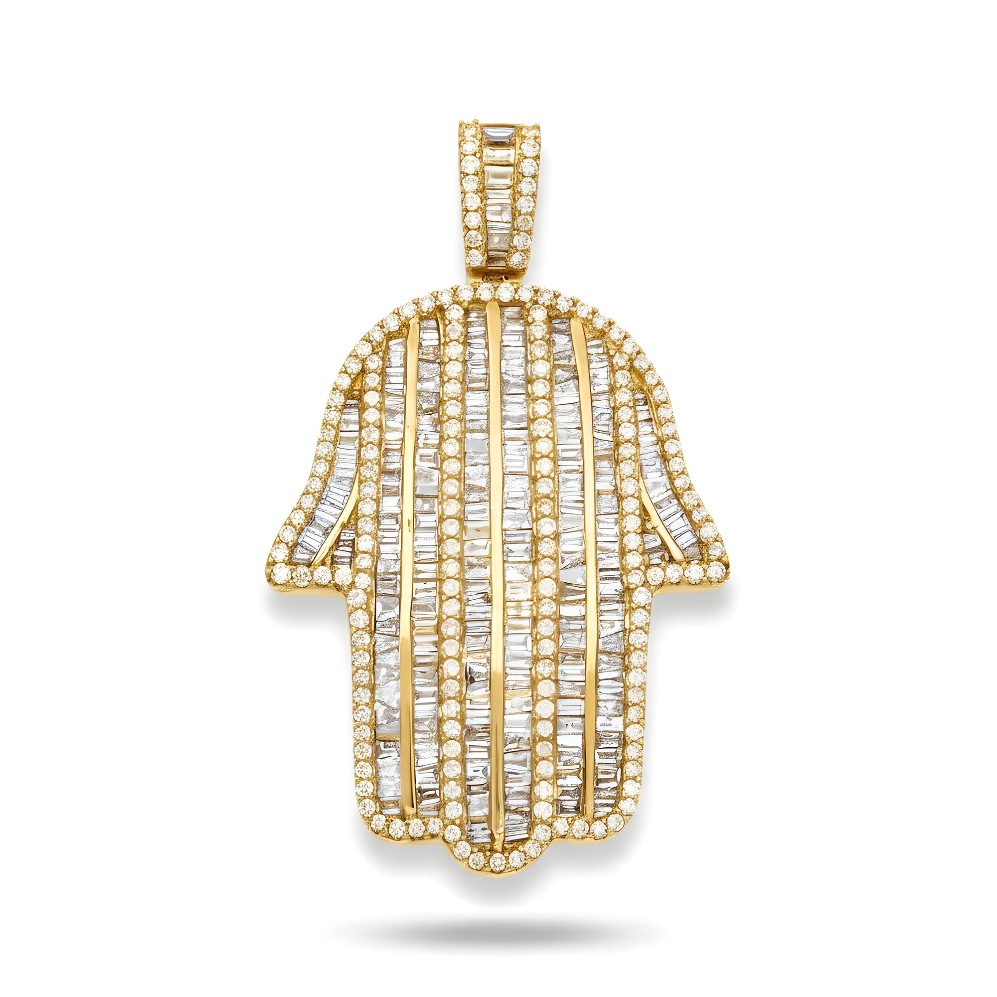 14K Rose Gold Baguette & Round Diamond Hamsa Pendant 3.52ct