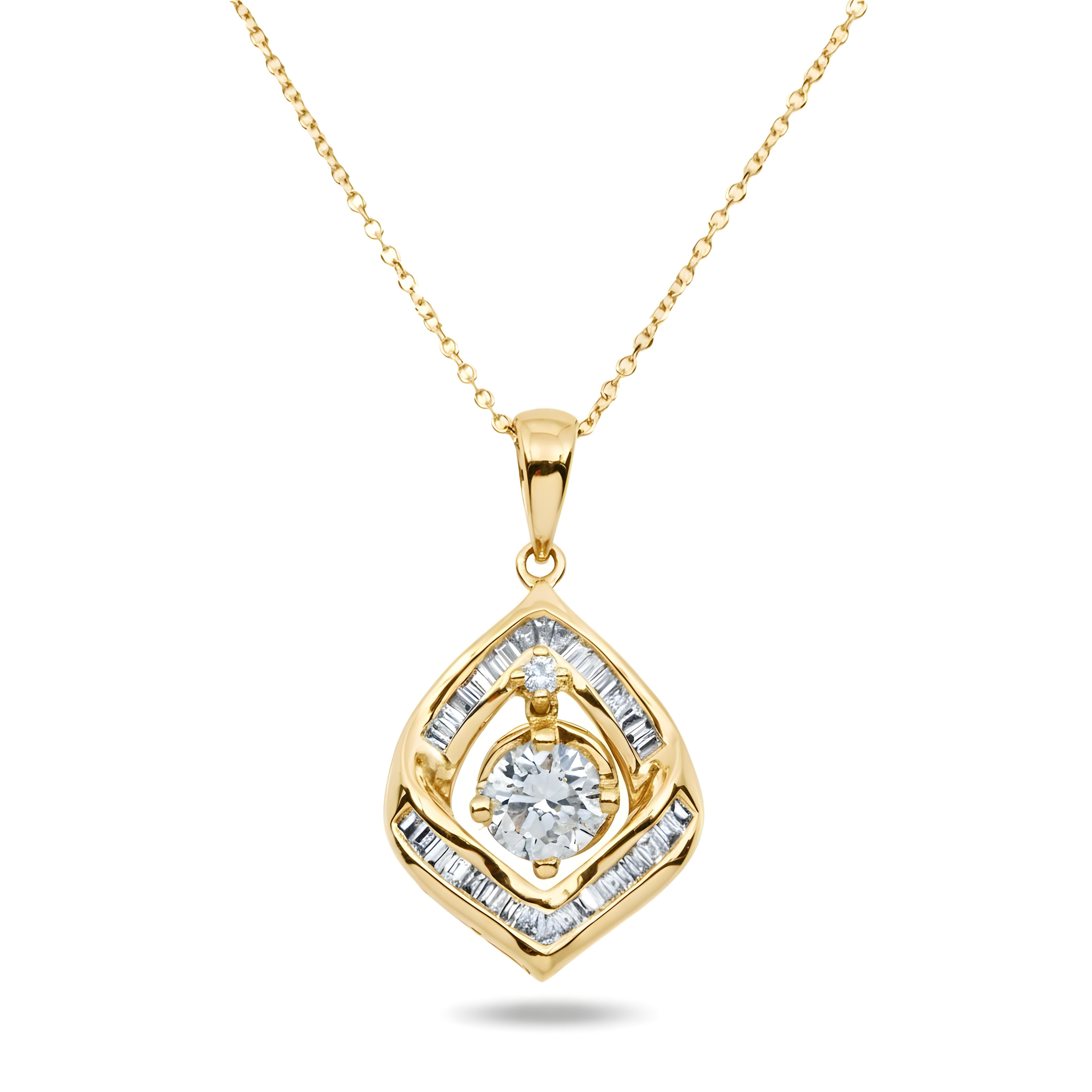 14K White Gold Baguette & Round Diamond Pendant & Chain Necklace 1.0ct