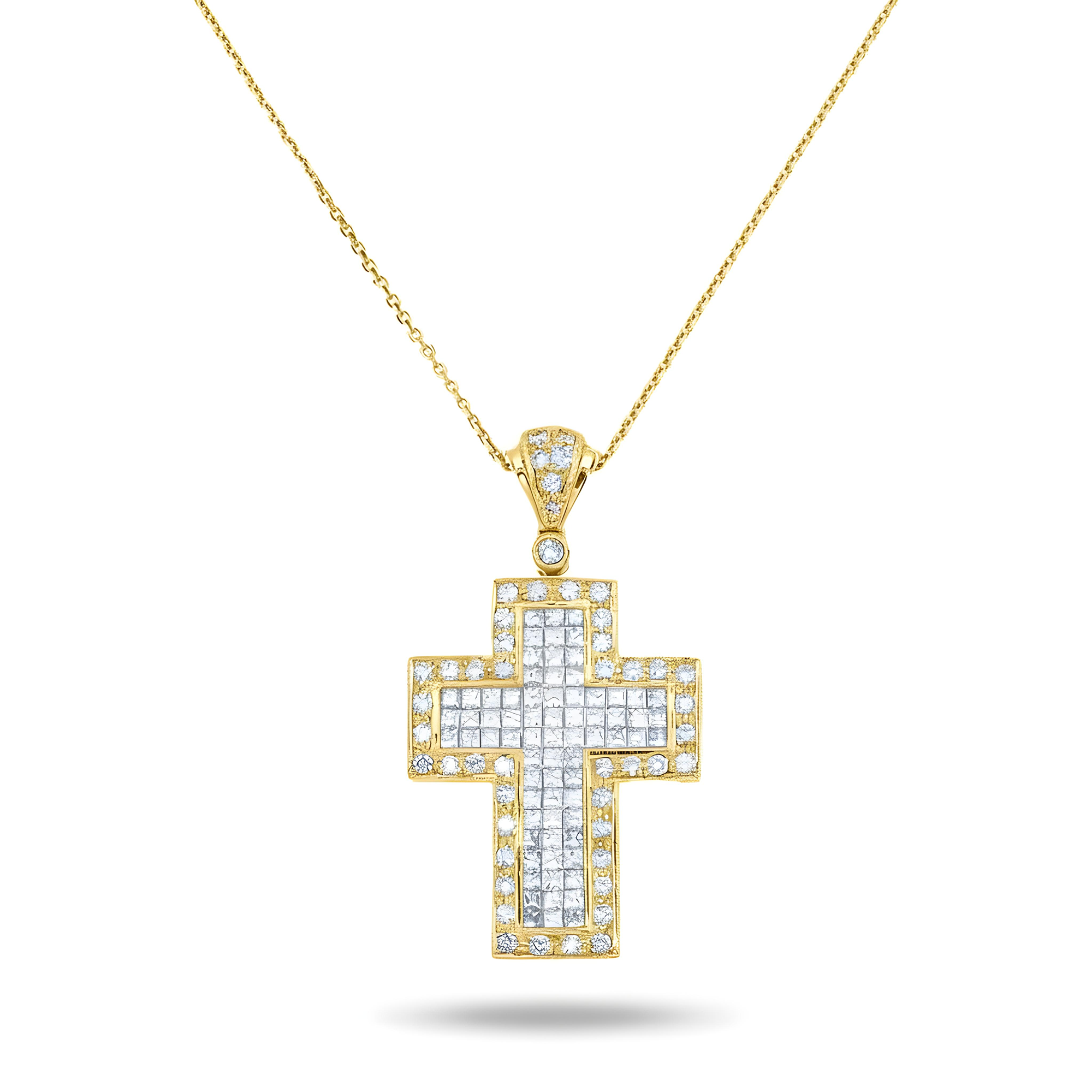 18K White Gold Princess & Round Diamond Cross Pendant & Chain Necklace 2.01ct