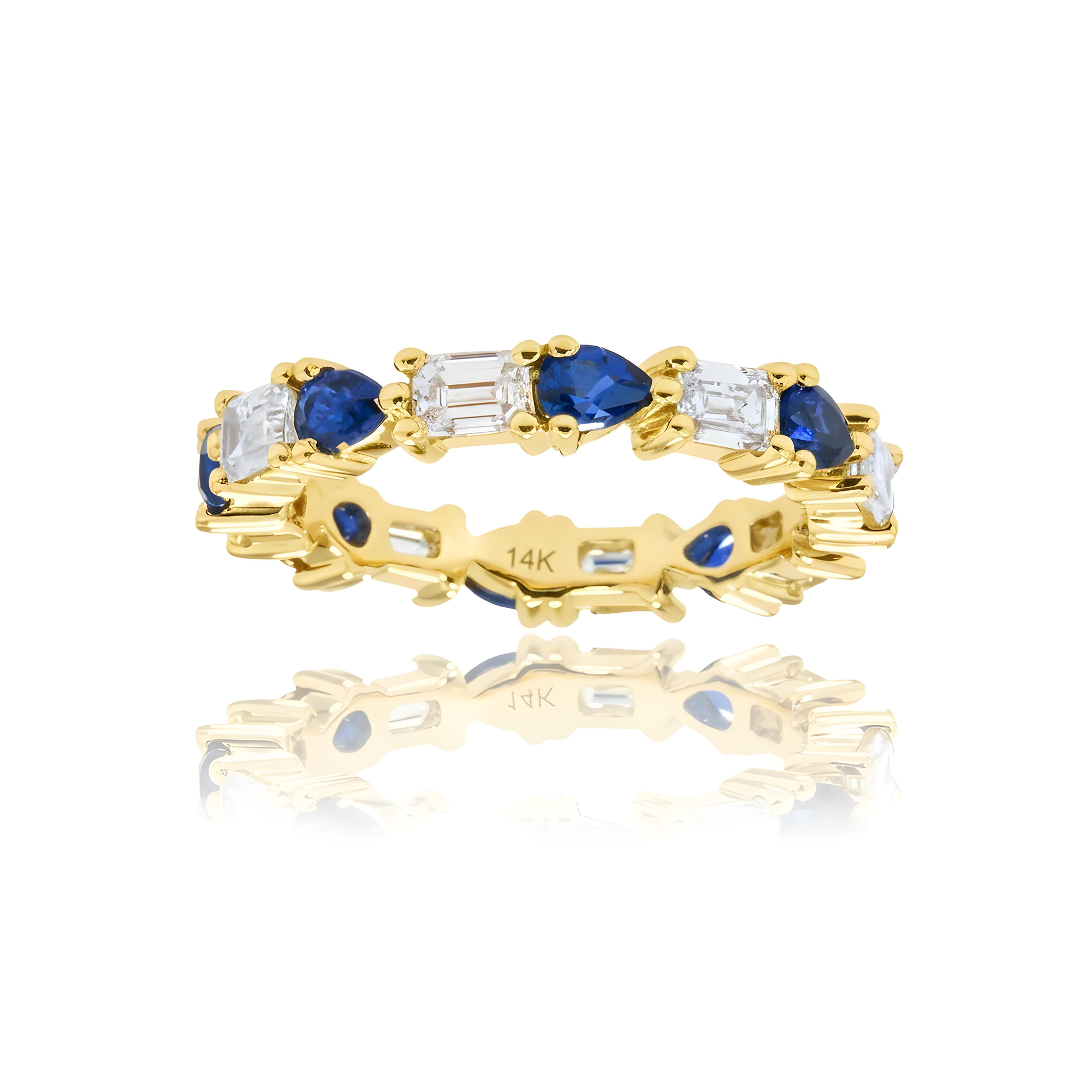 14K White Gold Emerald Cut Diamond & Pear Cut Sapphire Eternity Ring 3.03ctw