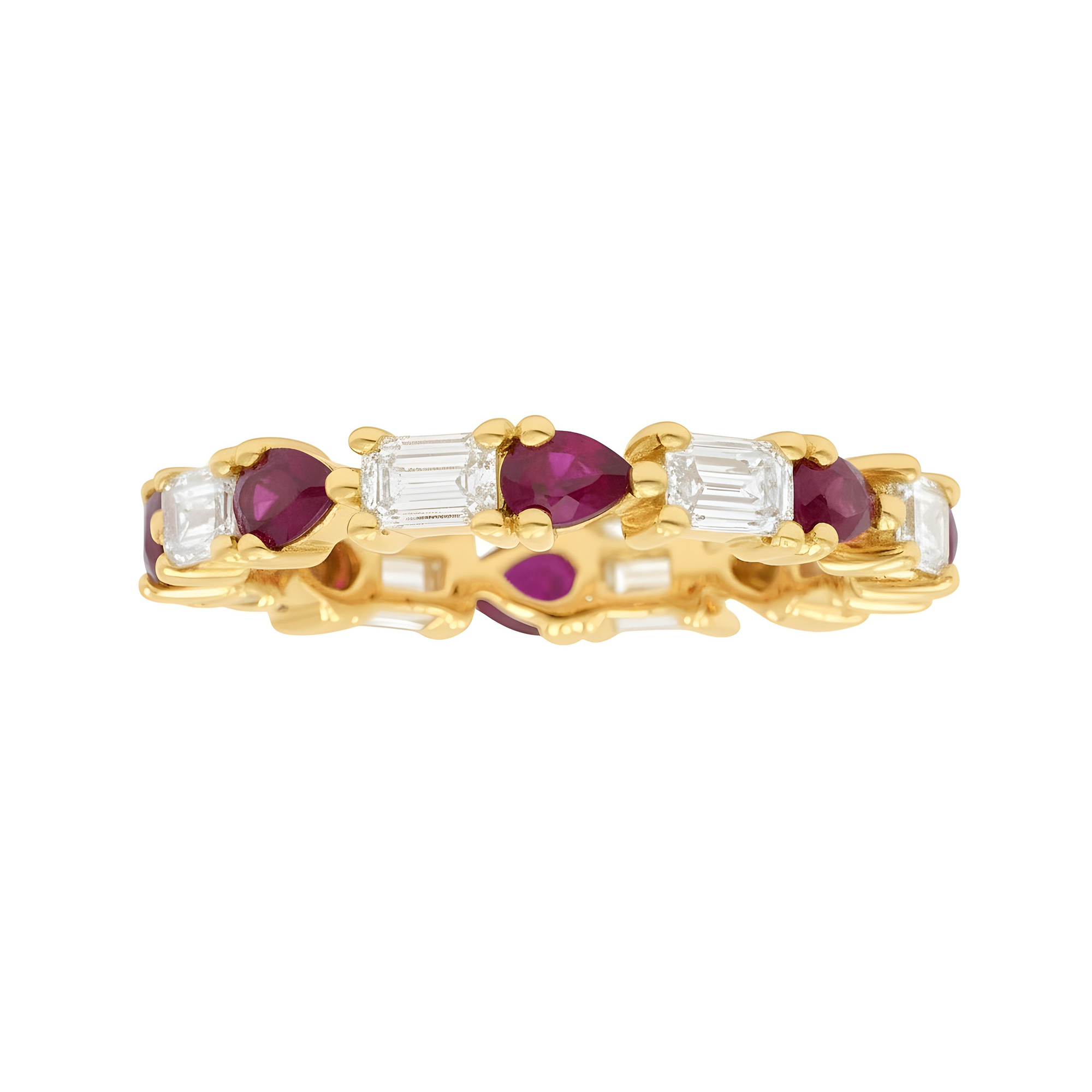14K White Gold Emerald Cut Diamond & Pear Cut Ruby Eternity Ring