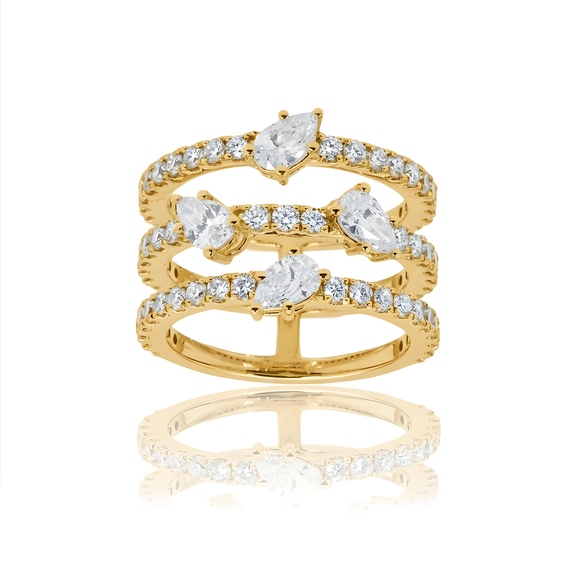 18K White Gold Triple Row Round & Pear Cut Diamond Ring 2.14ct