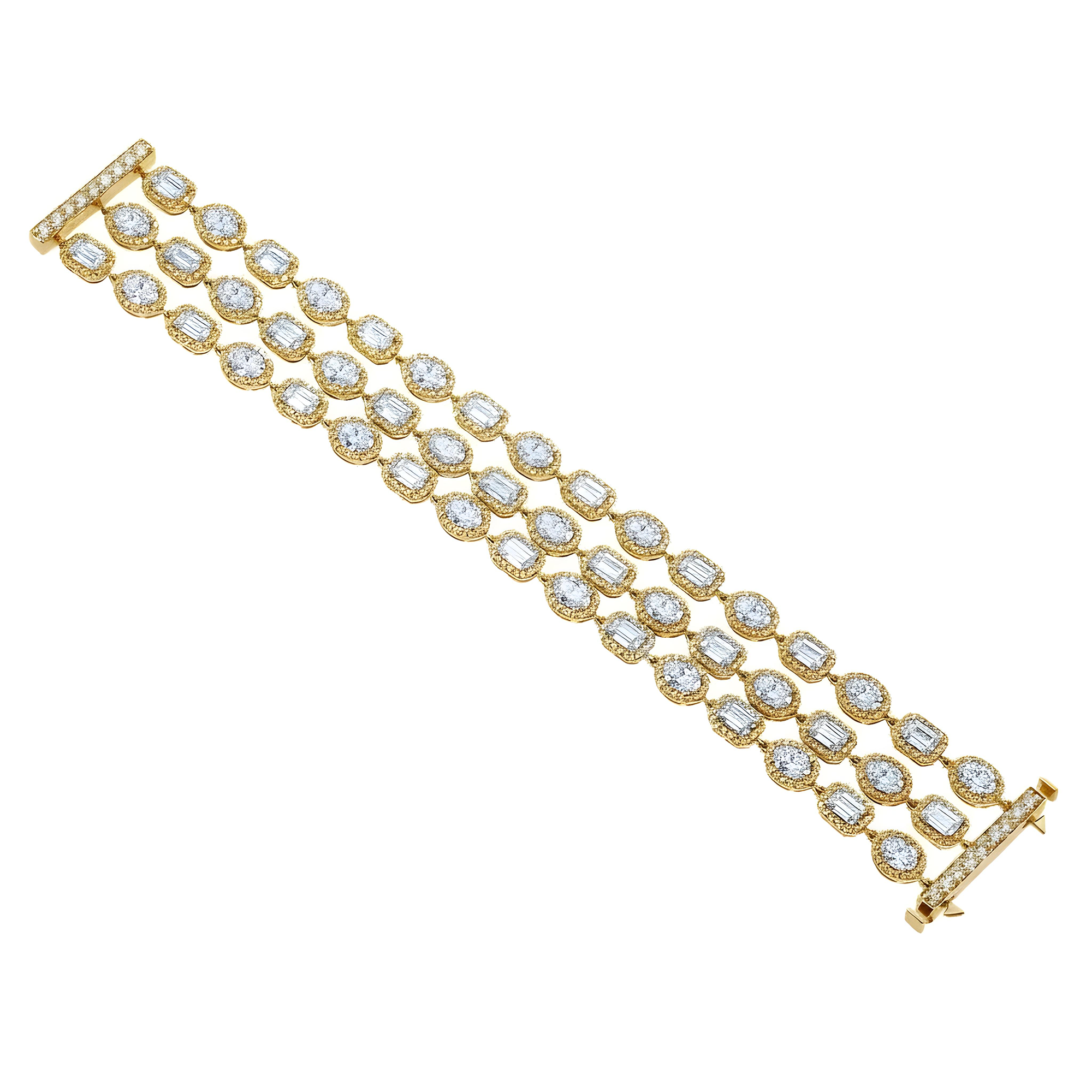 14K White Gold Triple Row Emerald, Oval & Round Cut Diamond Bracelet 31.47ct