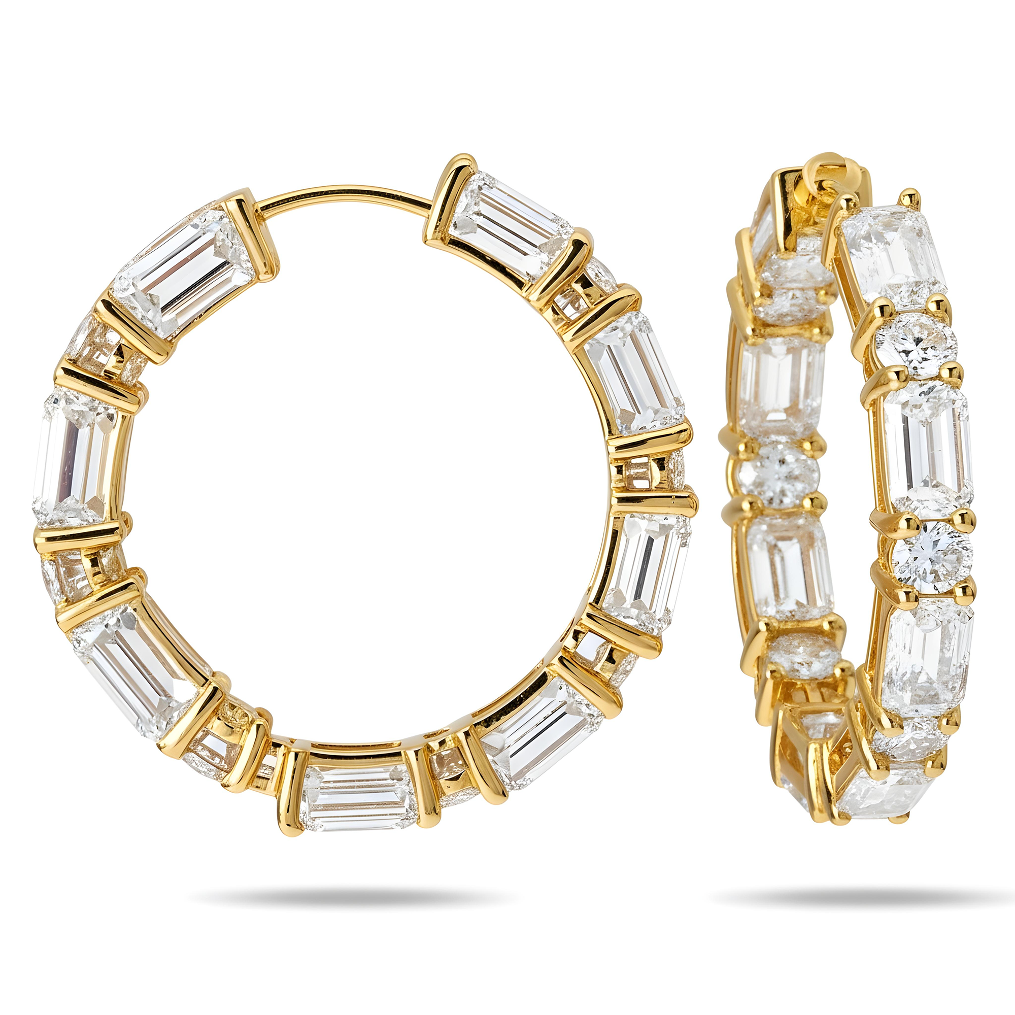 14K White Gold Round & Emerald Cut Diamond Inside Out Hoop Earrings 12.05ct