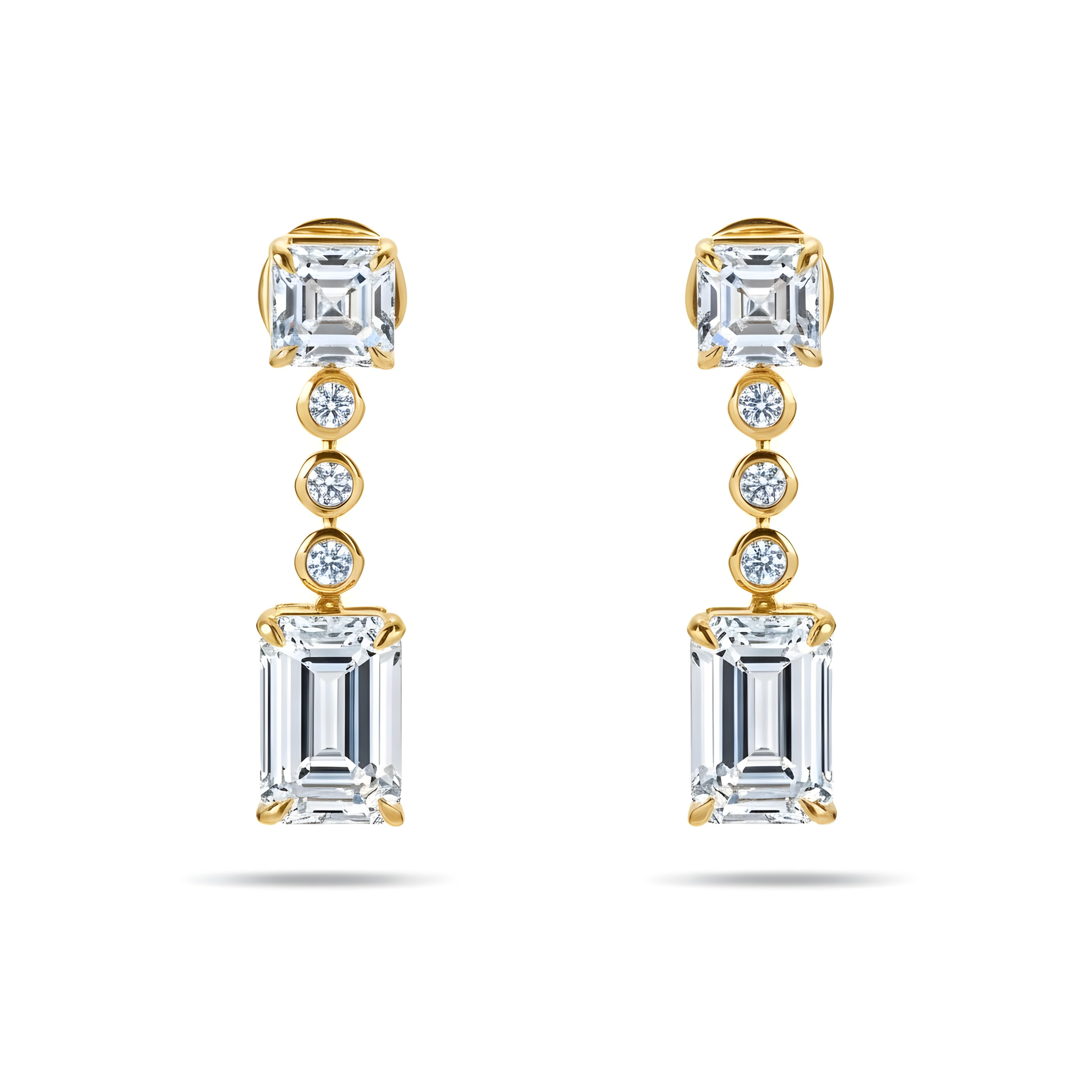 14K White Gold Asscher & Emerald Cut Diamond Short Drop Earrings 8.29ctw