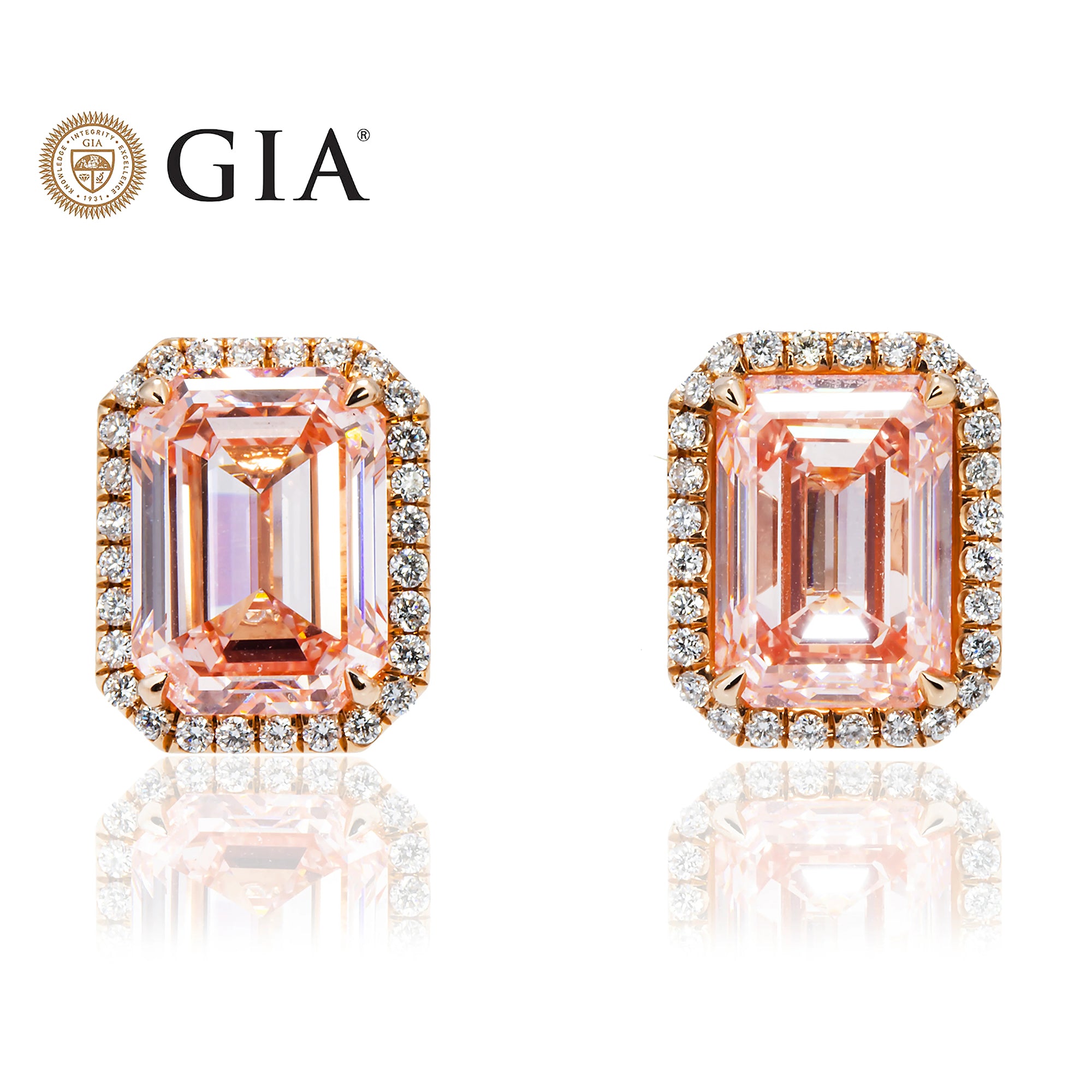 GIA 18K Rose Gold Emerald Cut Fancy Vivid Pink Diamond Stud Earrings 12.10ctw