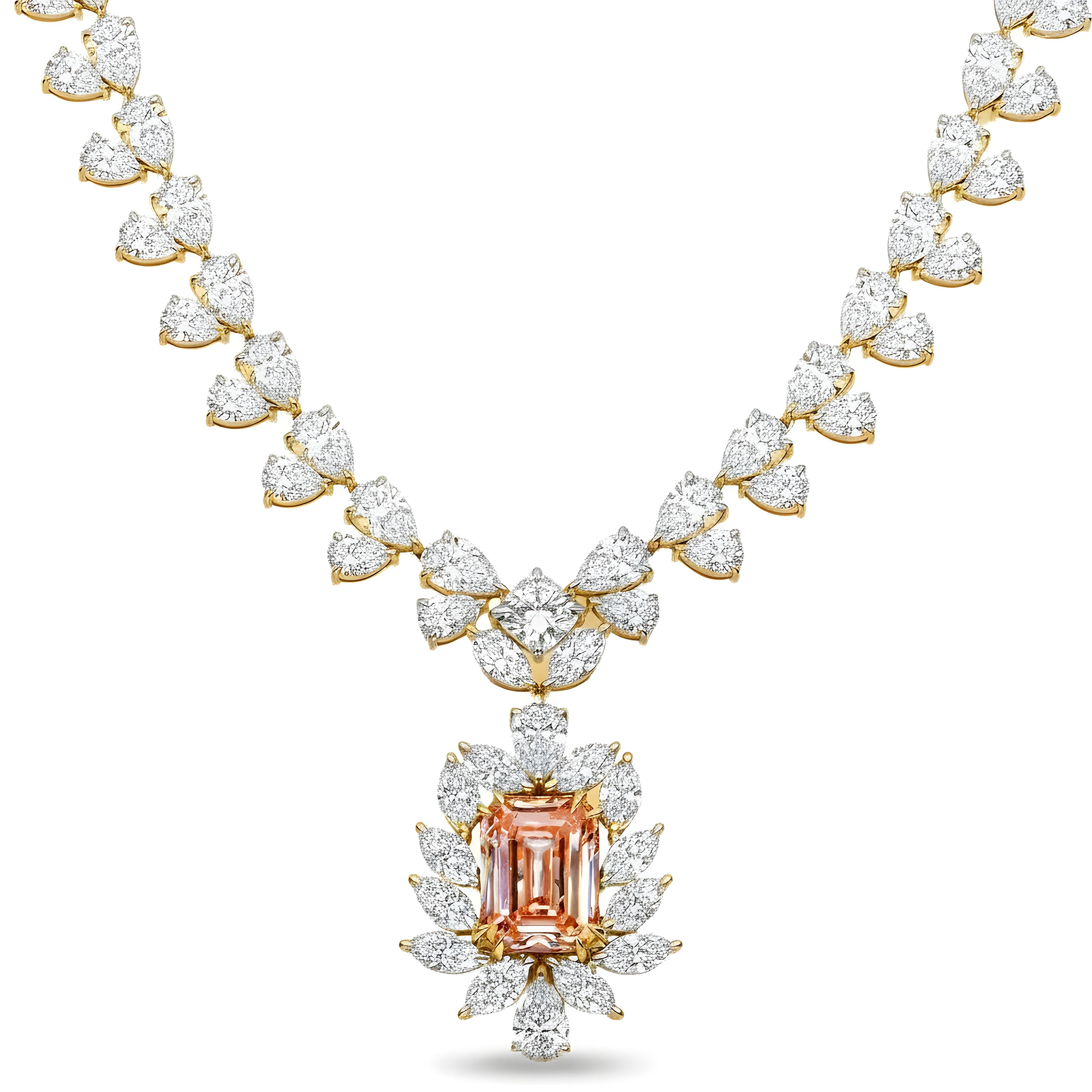 IGI 14K White Gold Fancy Pink Emerald Cut Diamond Goddess Drop Necklace 89.02ct