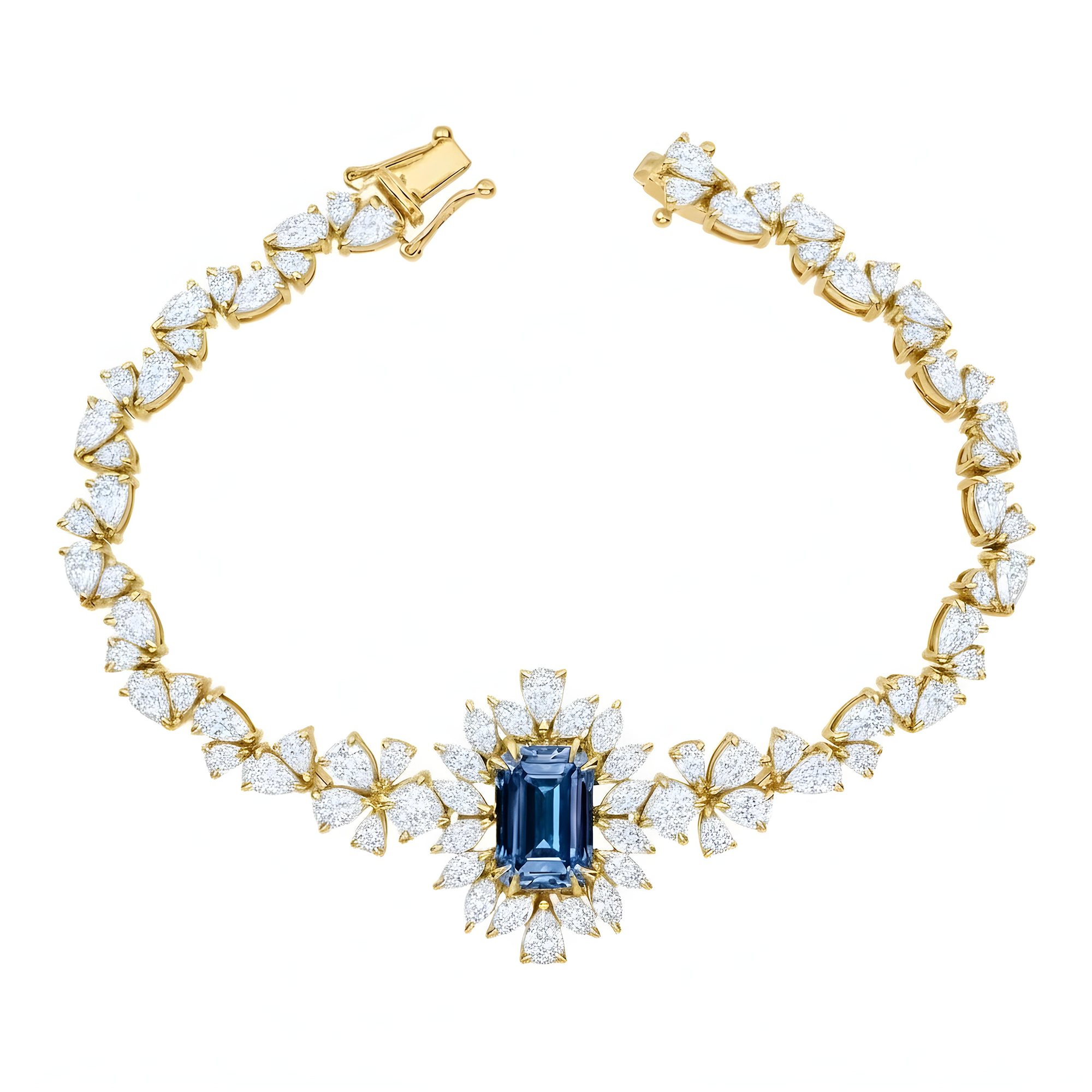 14K White Gold Emerald Cut Fancy Blue Diamond Goddess Bracelet