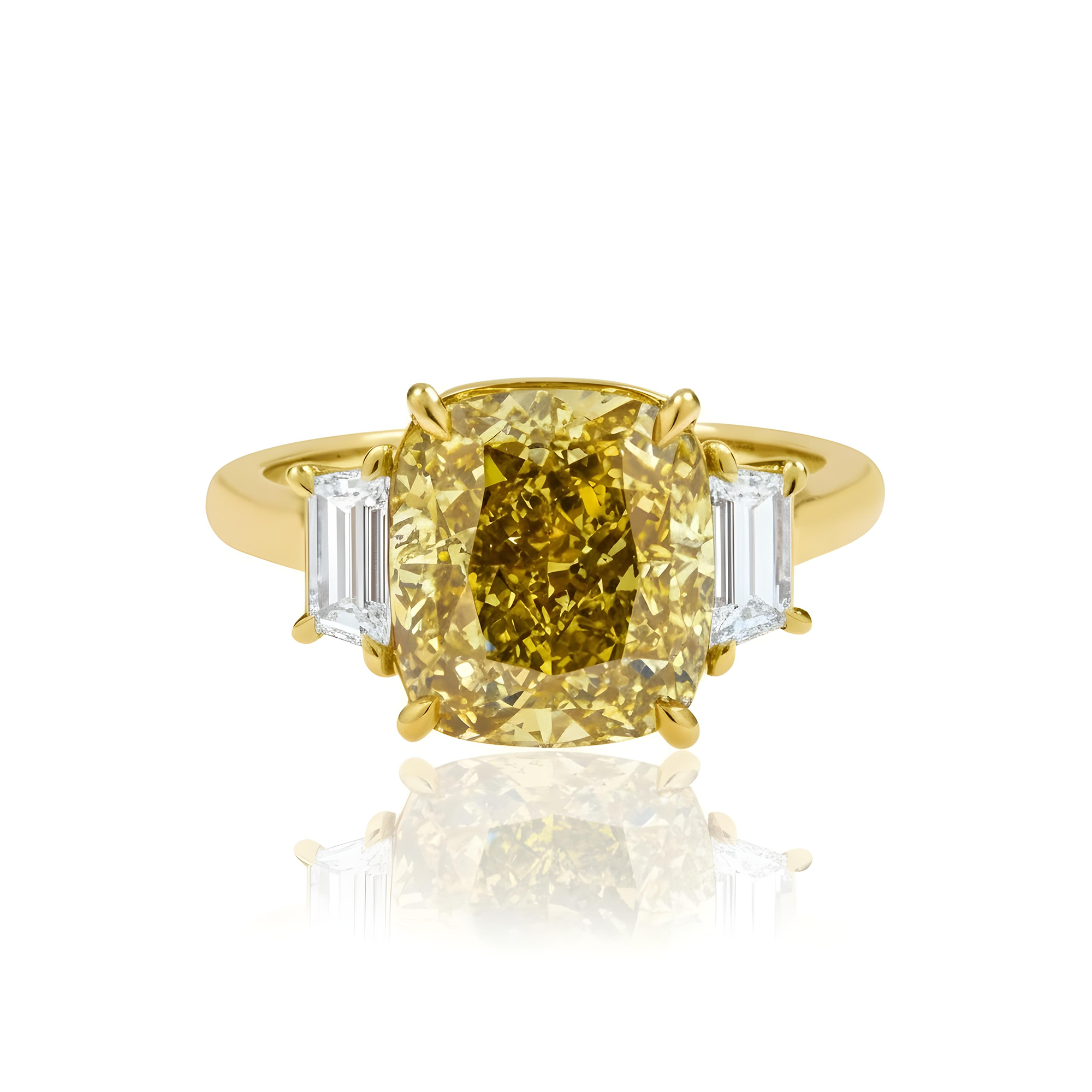 GIA Platinum 5.65ct Cushion Cut Fancy Deep Yellow Diamond Ring 6.21ctw
