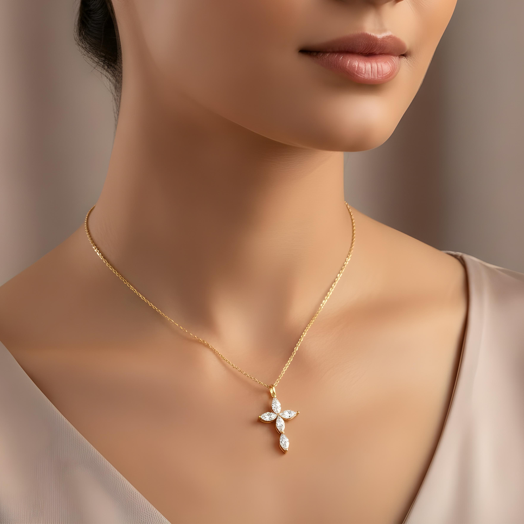 White Gold Marquise Cut Diamond Cross Pendant & Chain Necklace 1.48ct