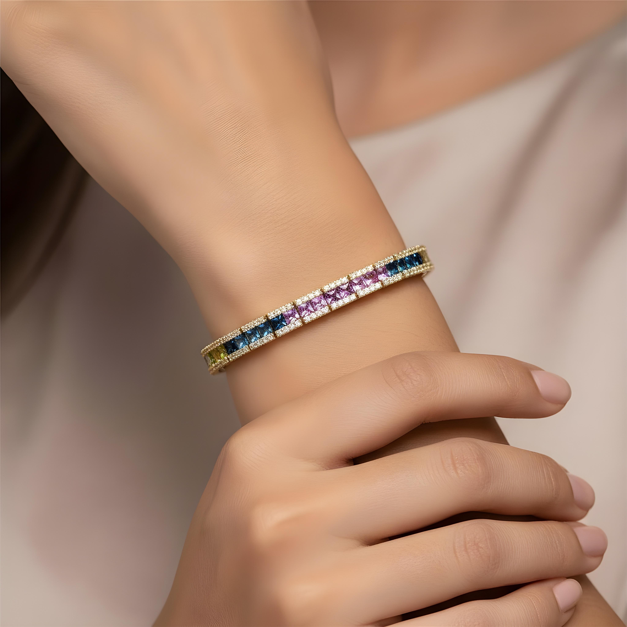14K White Gold Princess Cut Rainbow Gemstone & Diamond Bracelet