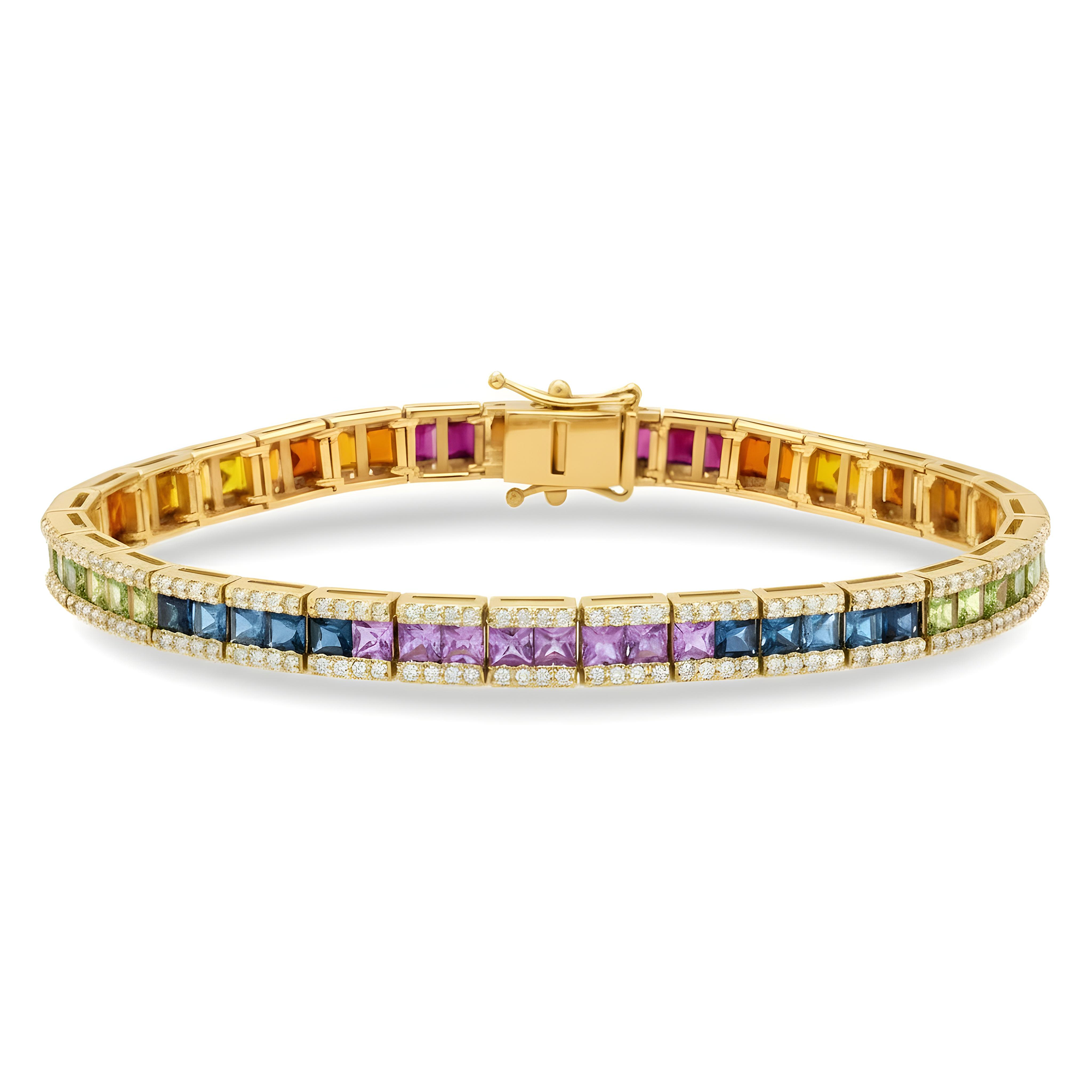 14K White Gold Princess Cut Rainbow Gemstone & Diamond Bracelet